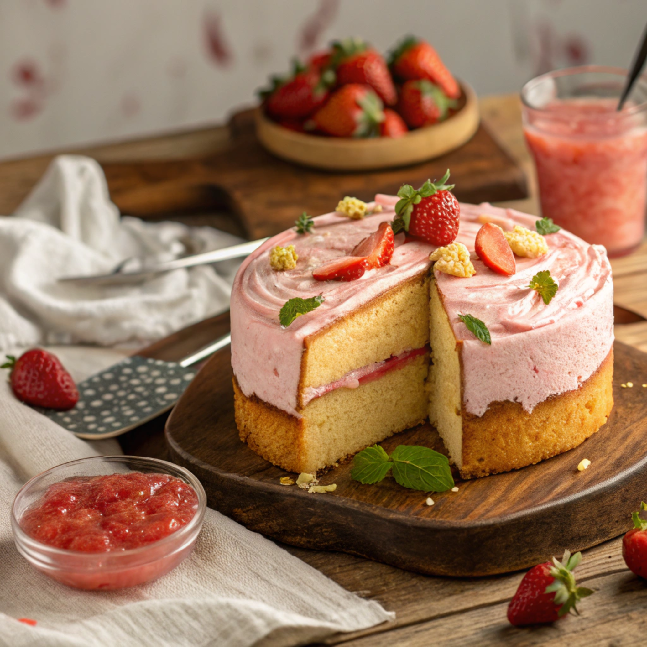 A homemade strawberry cake with a pale interior, topped with pink frosting and fresh strawberries on a rustic wooden table.