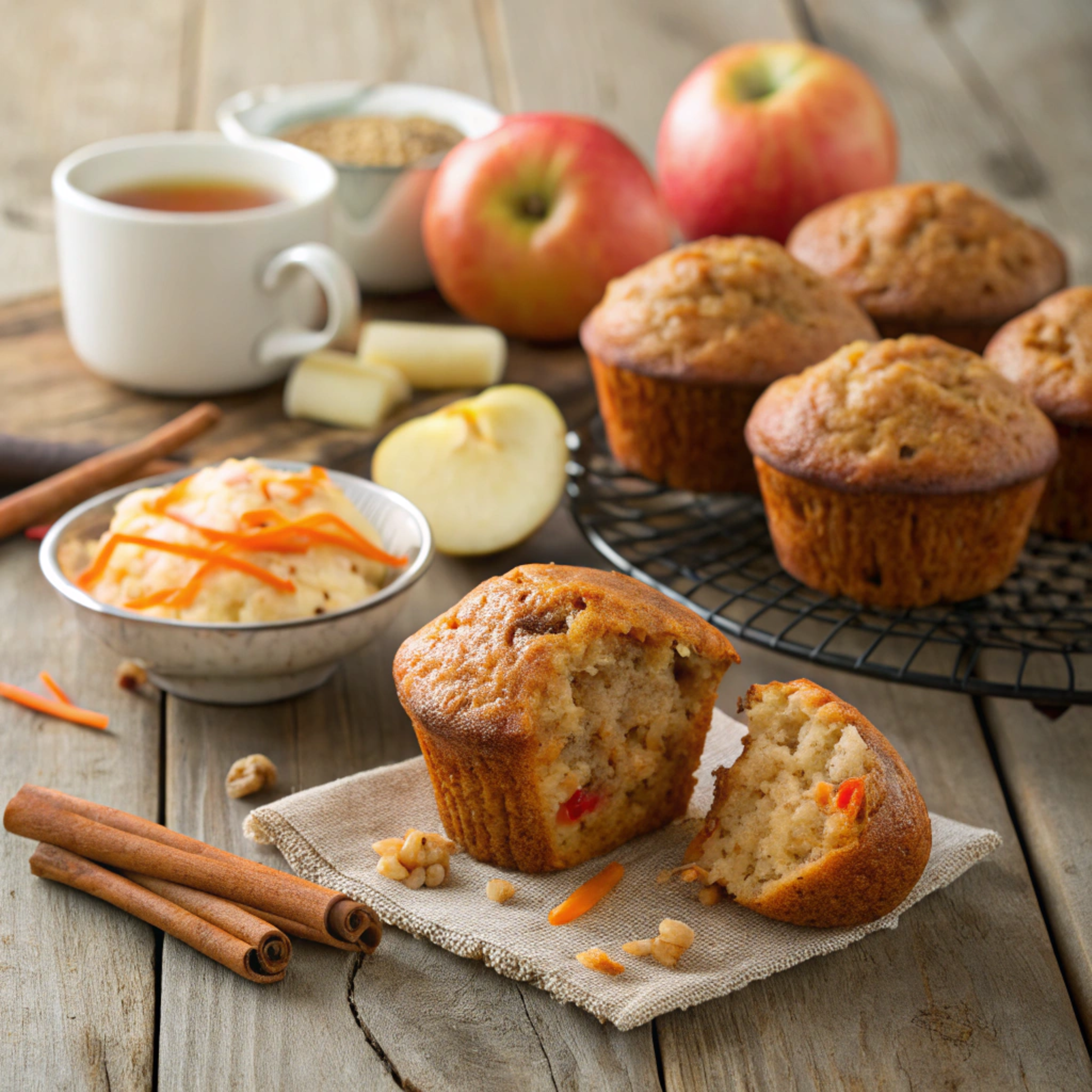 Freshly baked apple carrot muffins with a golden-brown top, served on a rustic wooden table with apples, carrots, and cinnamon sticks.