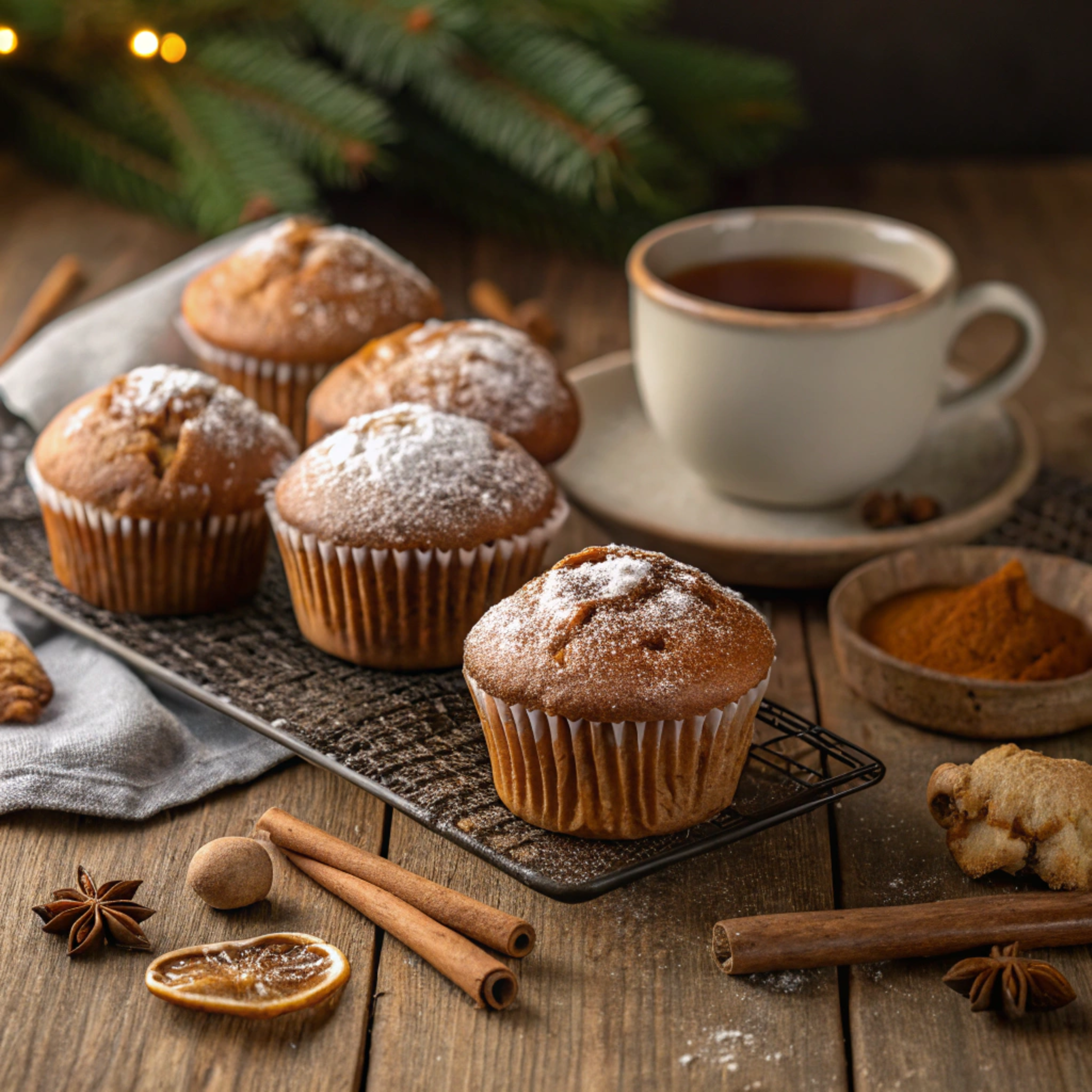 Freshly baked gingerbread muffins with a golden-brown top, dusted with powdered sugar, surrounded by cinnamon sticks, ginger, and a cup of tea.