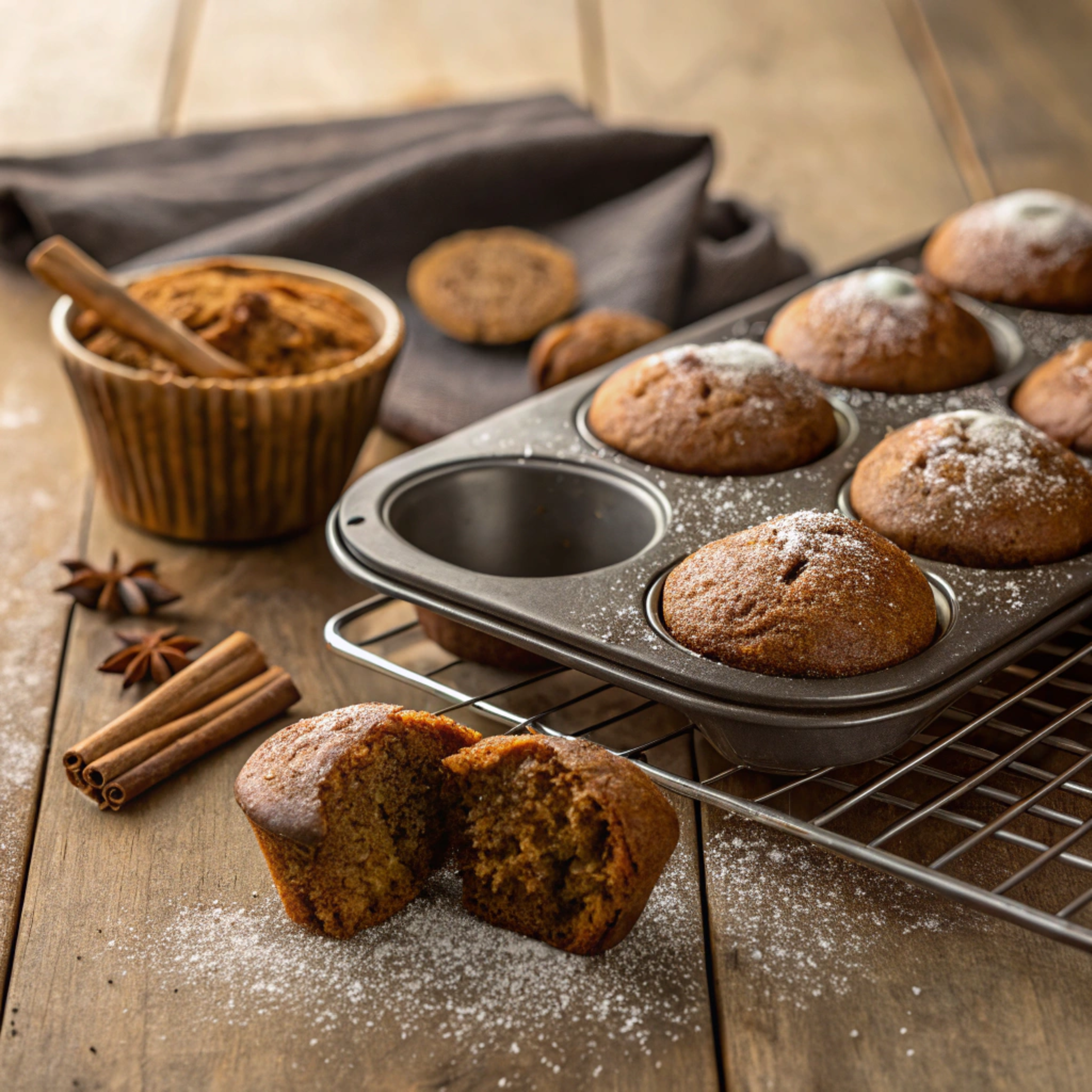 Freshly baked gingerbread muffins with golden-brown tops, cooling on a wire rack, with one cut open to reveal a moist, spiced interior.