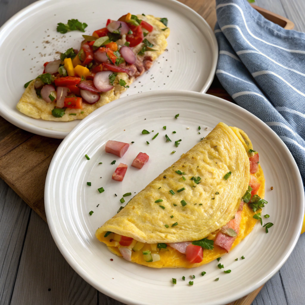 A side-by-side comparison of a Denver omelet with sautéed vegetables and a French omelet with a smooth, buttery texture, both plated with classic breakfast sides.