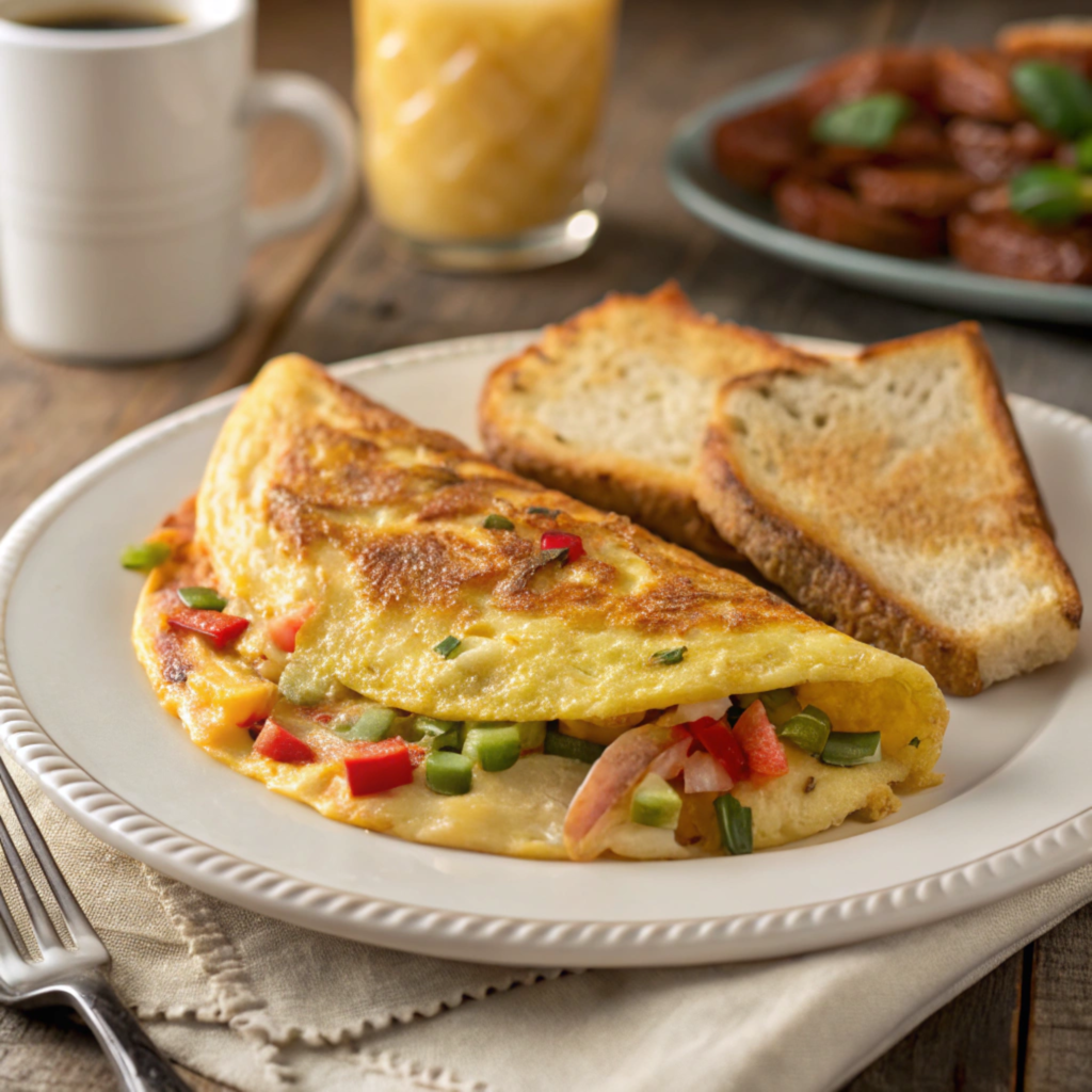 A golden-brown Denver omelet filled with melted cheese, sautéed bell peppers, and onions, served with crispy hash browns and buttered toast on a rustic breakfast table.