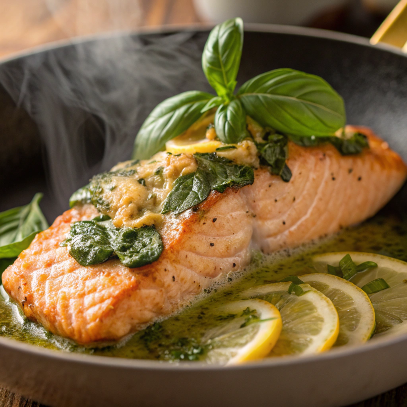 Basil butter salmon fillet served on a plate with fresh herbs and lemon slices.