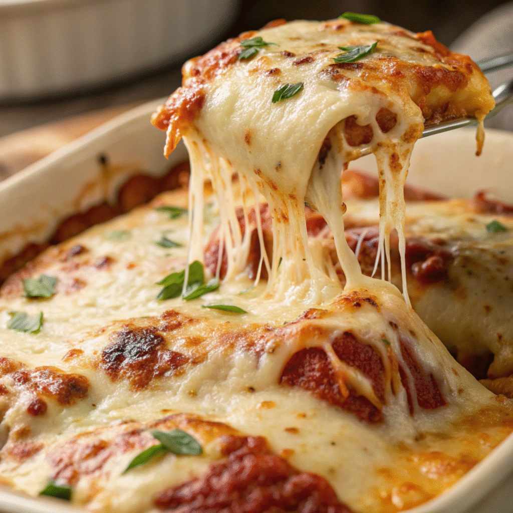 Cheesy baked ravioli casserole fresh from the oven with melted cheese and a golden-brown top.