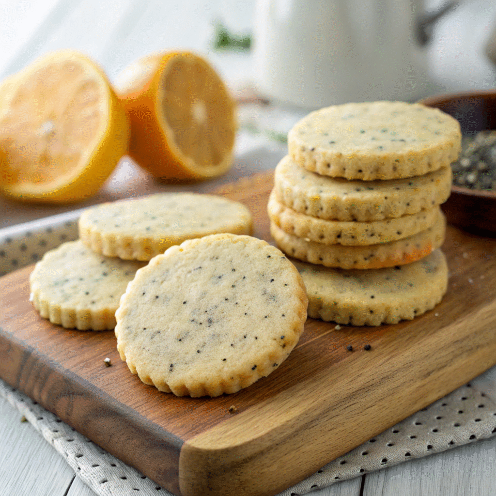 Earl Grey shortbread cookies arranged on a white plate, garnished with tea leaves and lemon zest.