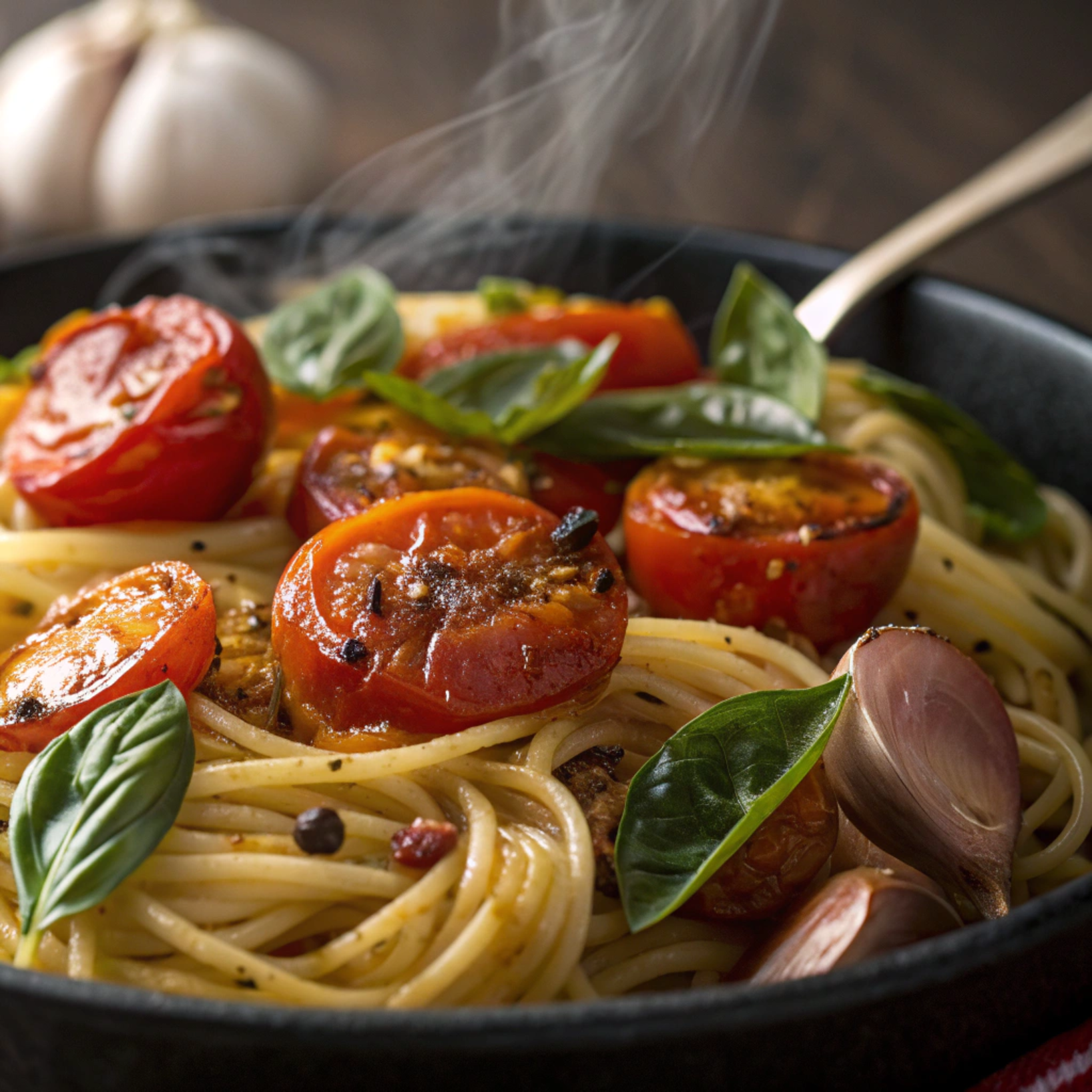 How do you cook roasted tomatoes with pasta? – Close-up of roasted tomatoes mixed with pasta, basil, garlic, and olive oil
