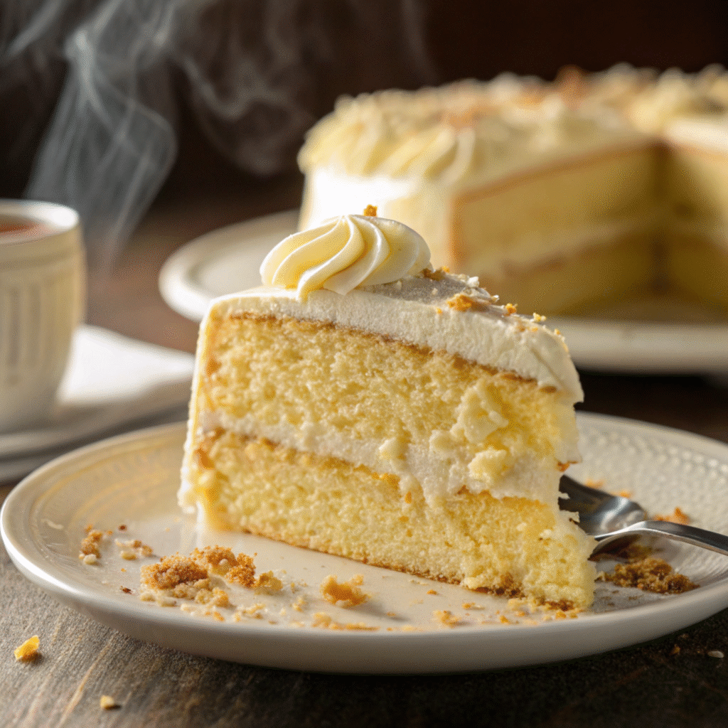 Moist homemade vanilla cake slice with buttercream frosting on a white plate