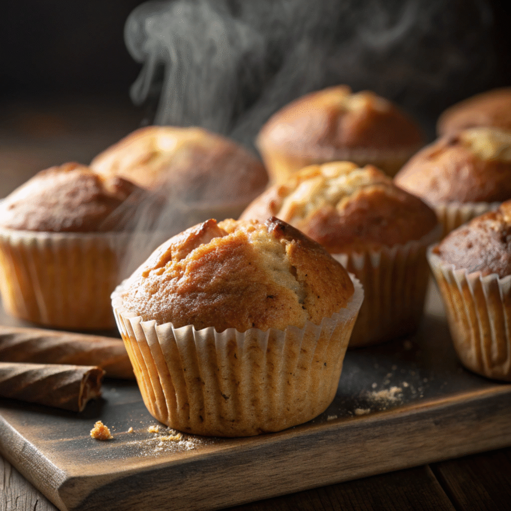 Close-up of banana muffins cooling on a baking rack, one muffin slightly collapsed in the center while others are perfectly risen, showing realistic texture and moisture.