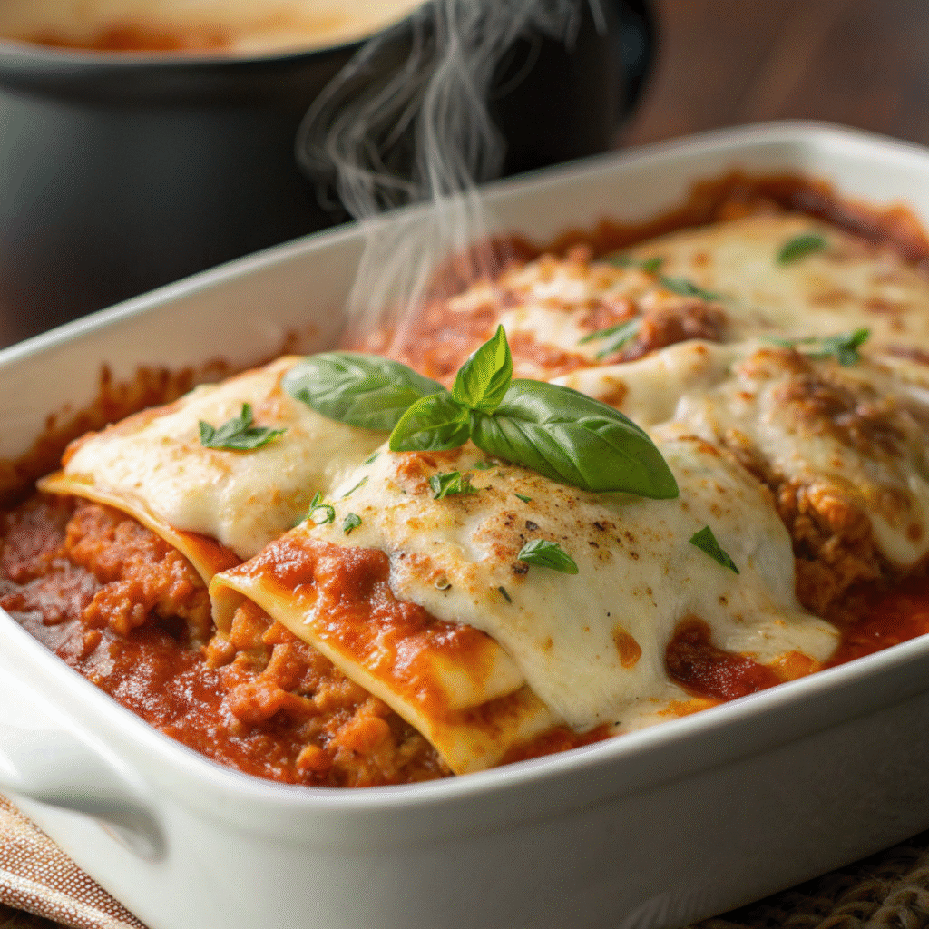 Close-up of crock pot ravioli casserole with melted mozzarella, marinara sauce, and fresh basil.