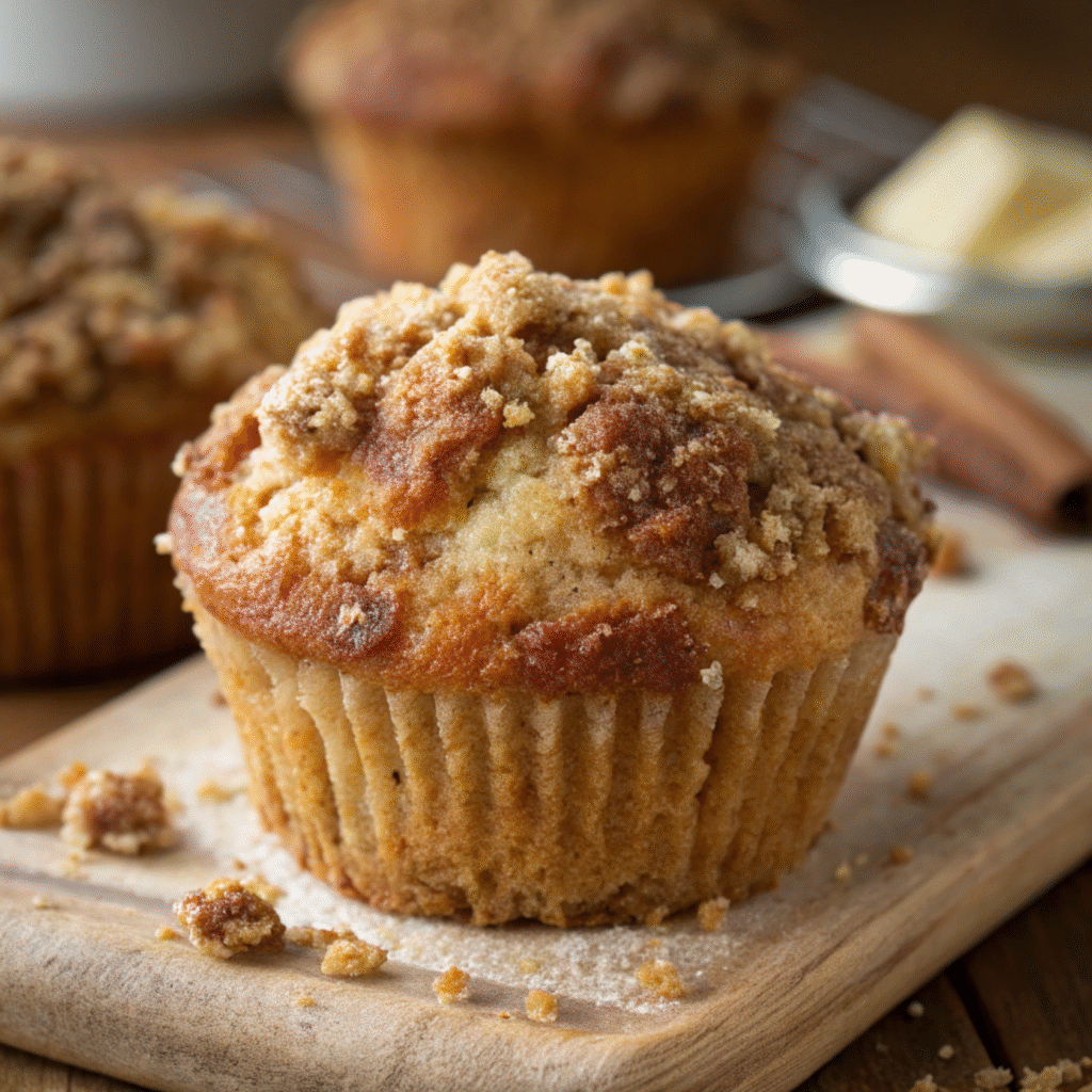 Close-up of a moist banana crumb muffin with a golden-brown cinnamon streusel topping, showing crisp crumb texture and soft banana interior under warm lighting.