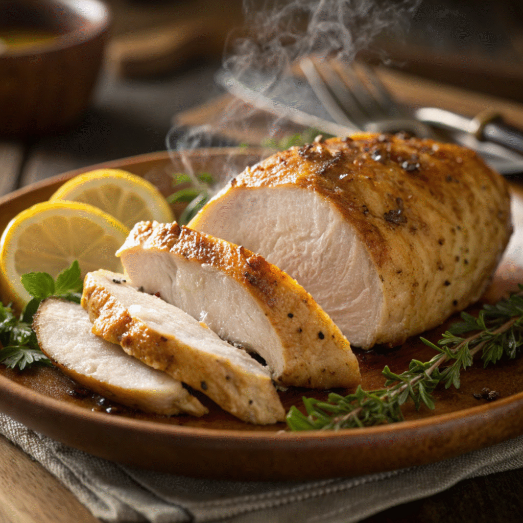 Perfectly cooked juicy chicken breast on a wooden cutting board with herbs.