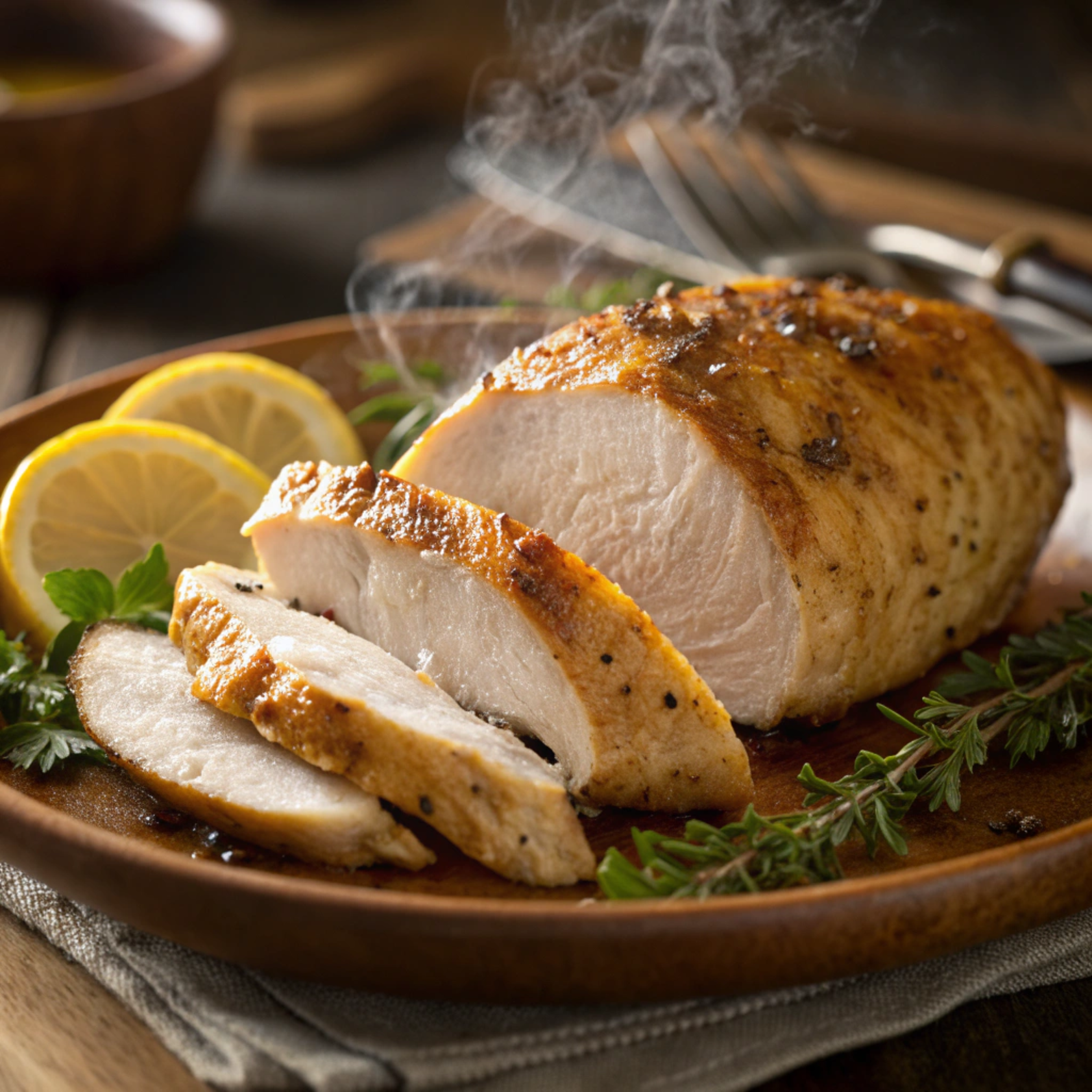 Perfectly cooked juicy chicken breast on a wooden cutting board with herbs.