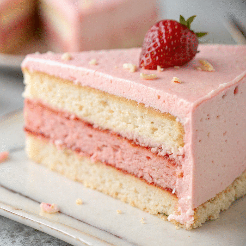 Close-up of a smooth pink strawberry cake slice with a moist, fluffy crumb and creamy frosting, showing even color and natural pink tone.