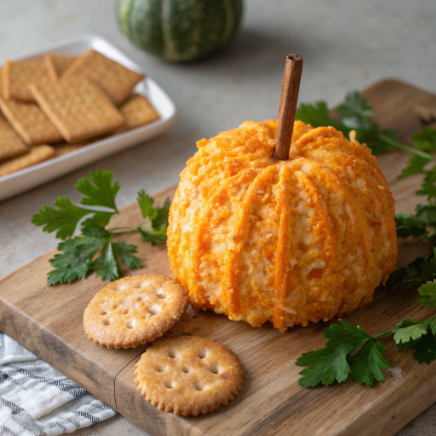 How to Make a Pumpkin Cheese Ball for Thanksgiving shown as a pumpkin-shaped cheese ball with a pretzel stem, surrounded by crackers and herbs