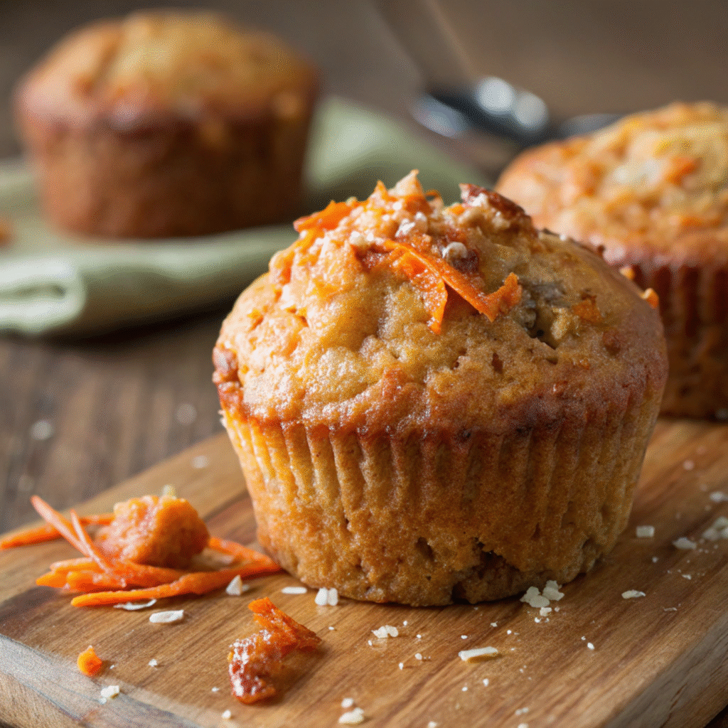 Close-up of a moist apple carrot muffin with a golden crust and tender crumb, showing fine apple and carrot shreds in detailed texture.