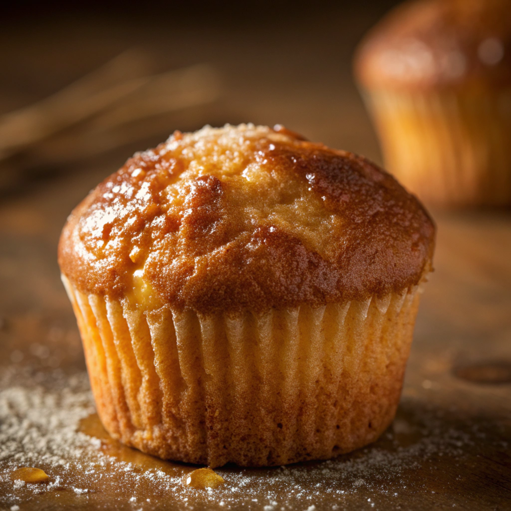 Secret to Moist Muffins, Close-up of a moist golden muffin with a soft, fluffy crumb and glossy top, baked to perfection under warm studio light.