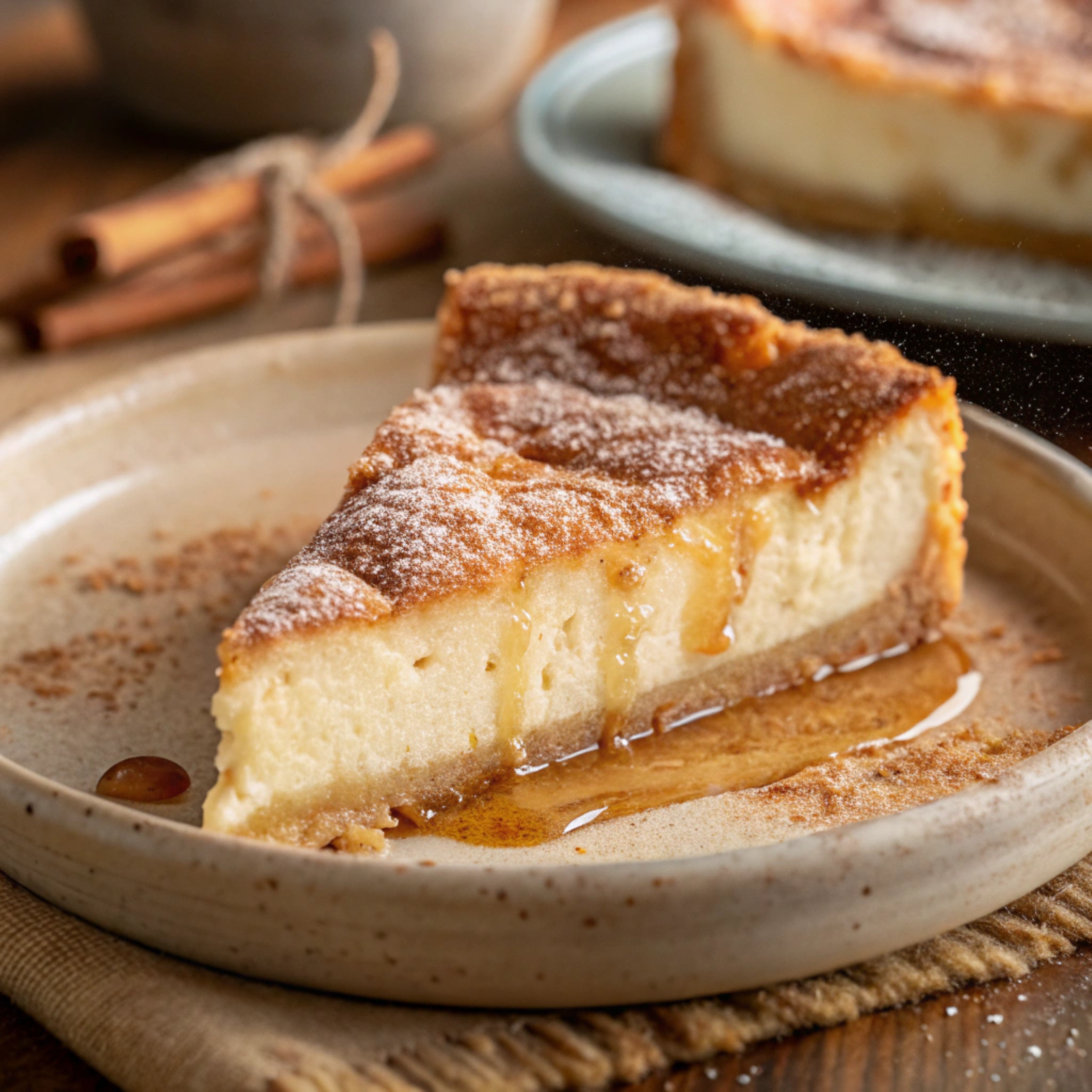 Sopapilla Cheesecake slice with golden cinnamon-sugar crust, creamy cheesecake filling, and honey drizzle served on a rustic plate.