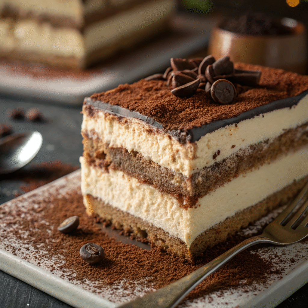 Tiramisu cake slice with creamy mascarpone layers, espresso-soaked sponge cake, and cocoa powder topping.