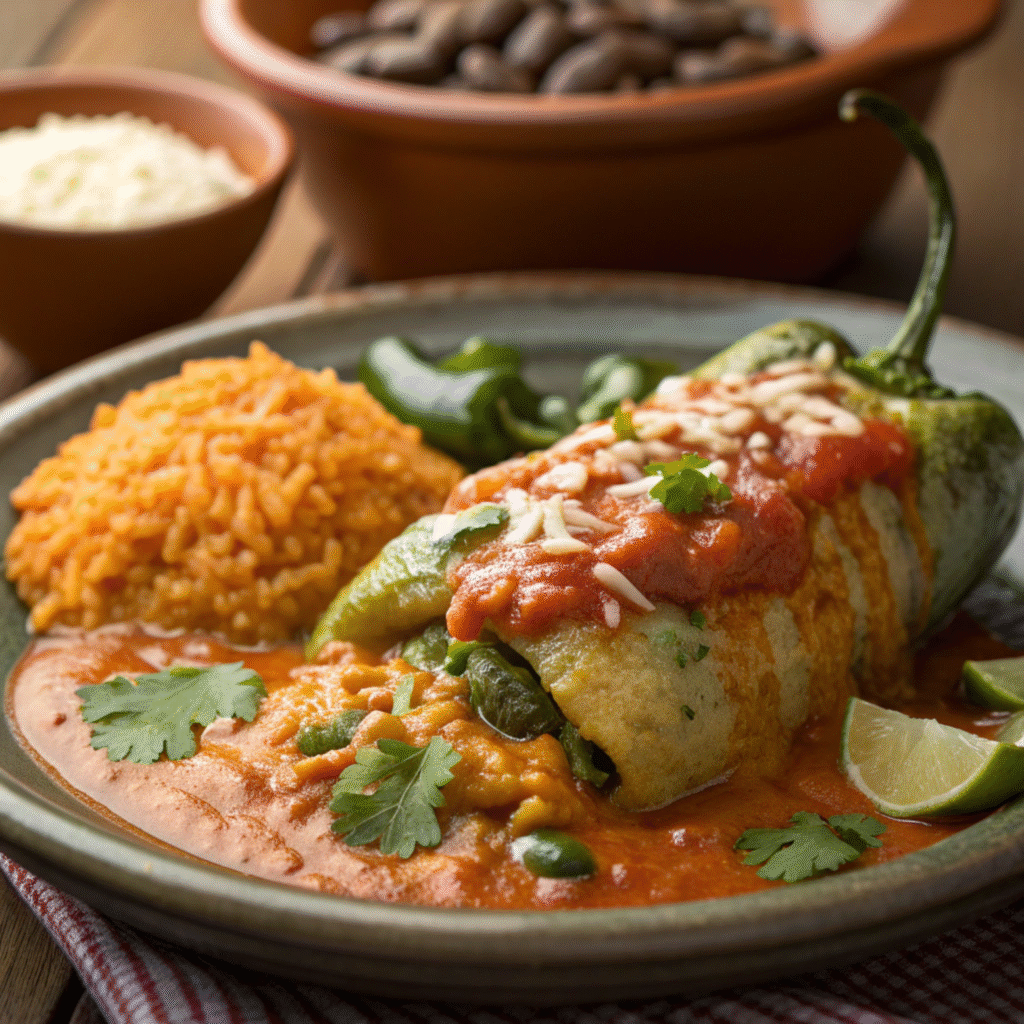 How to eat chile rellenos with tomato sauce, served with rice and beans