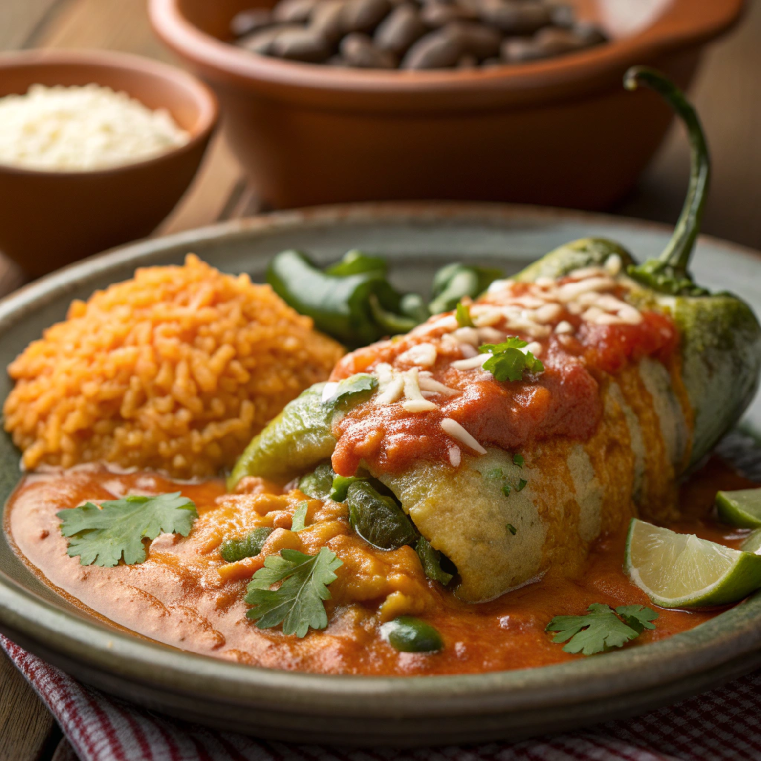 How to eat chile rellenos with tomato sauce, served with rice and beans