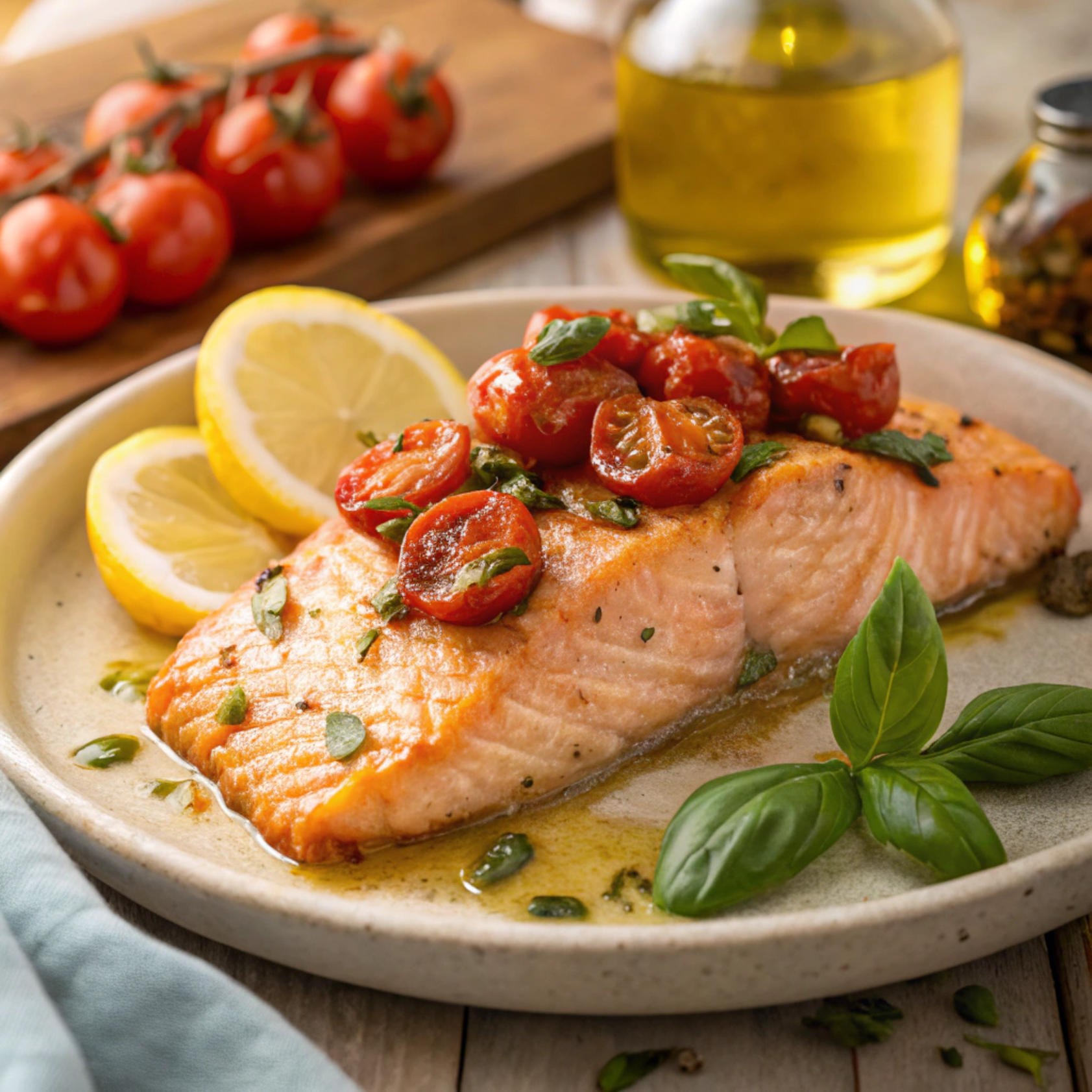 Baked salmon with roasted cherry tomatoes, garlic, and fresh basil on a rustic Mediterranean plate.