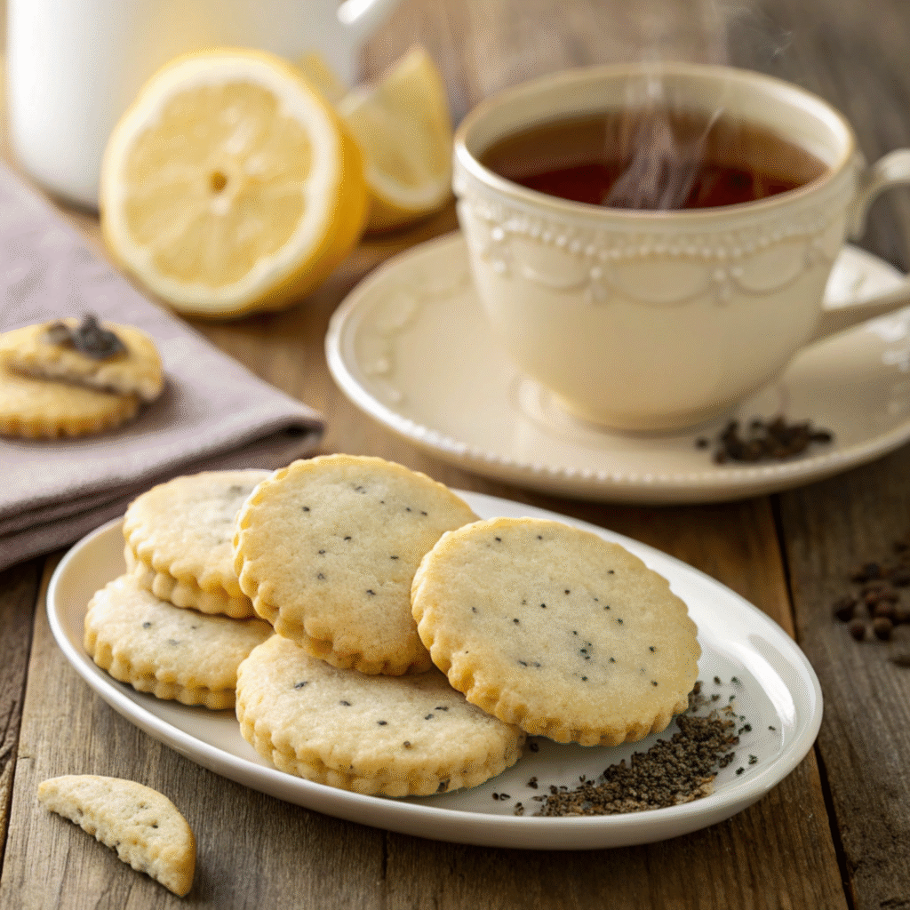 Earl Grey cookies with visible tea specks on a plate beside a cup of tea and lemon slices, warm natural lighting.