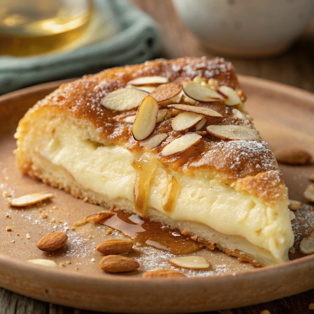 Sopapilla Cheesecake Dessert slice with creamy cheesecake filling, flaky crescent dough layers, and cinnamon-sugar crust topped with honey and sliced almonds.