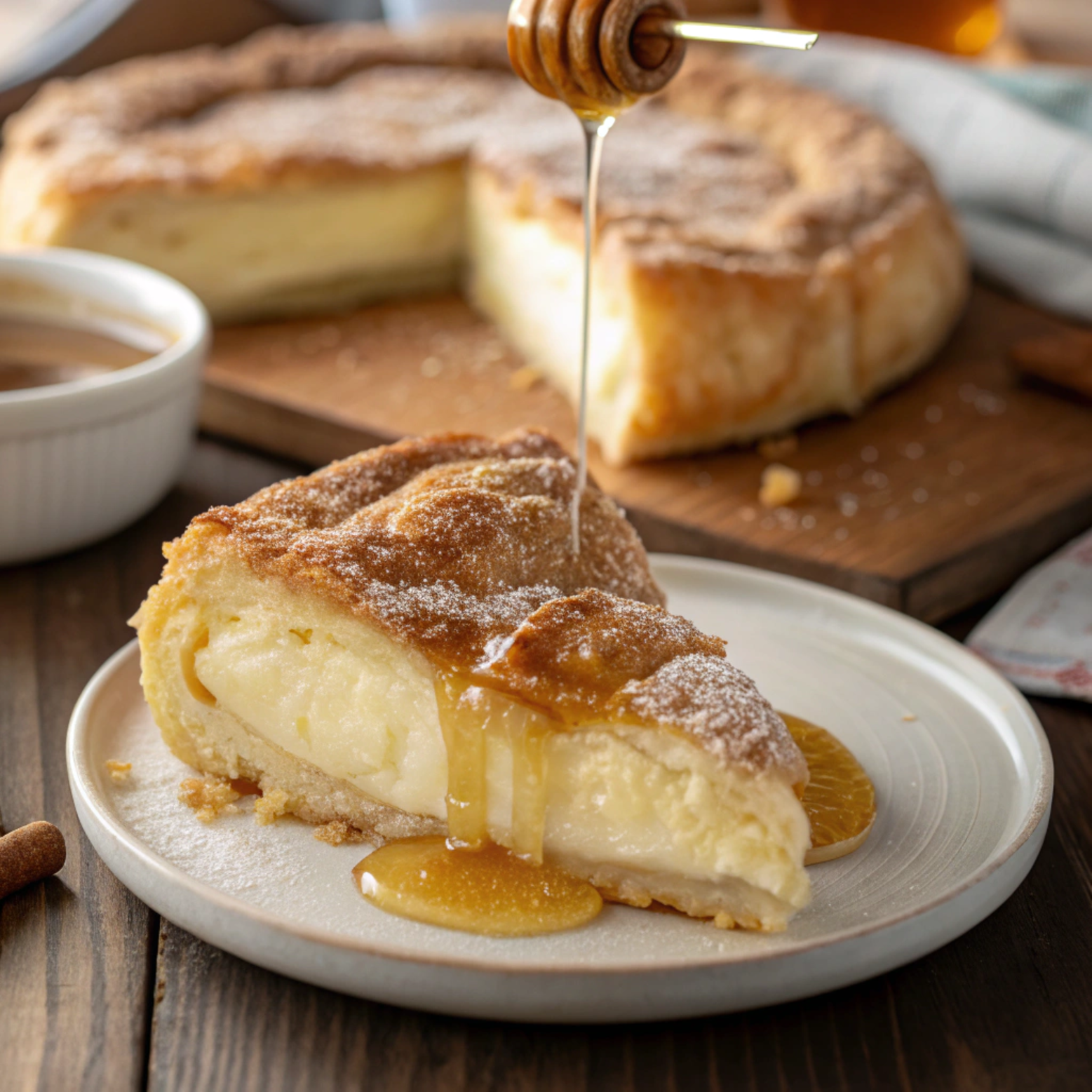 Sopapilla Cheesecake slice with flaky golden crust, creamy cheesecake filling, cinnamon-sugar topping, and honey drizzle served on a rustic plate.