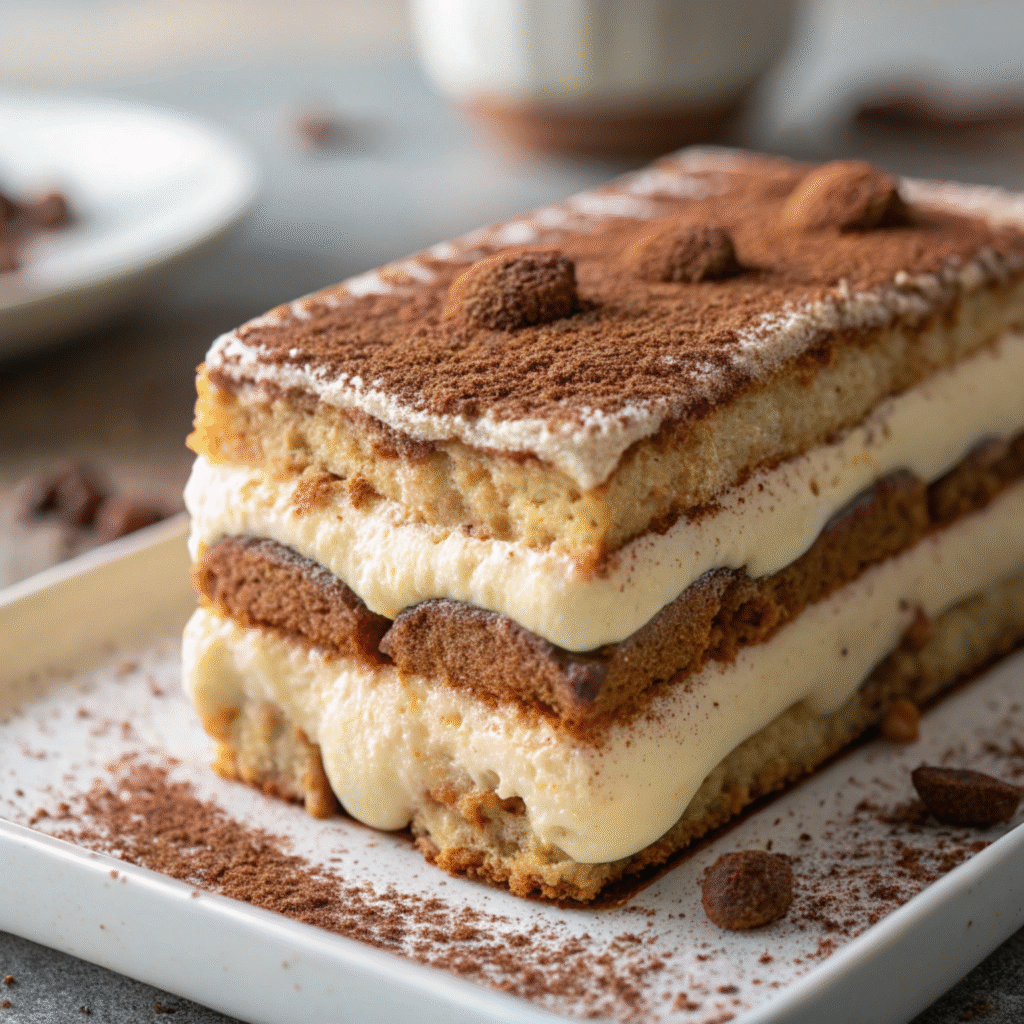 Close-up of tiramisu dessert showing creamy mascarpone filling between espresso-soaked ladyfingers with cocoa powder dusting.