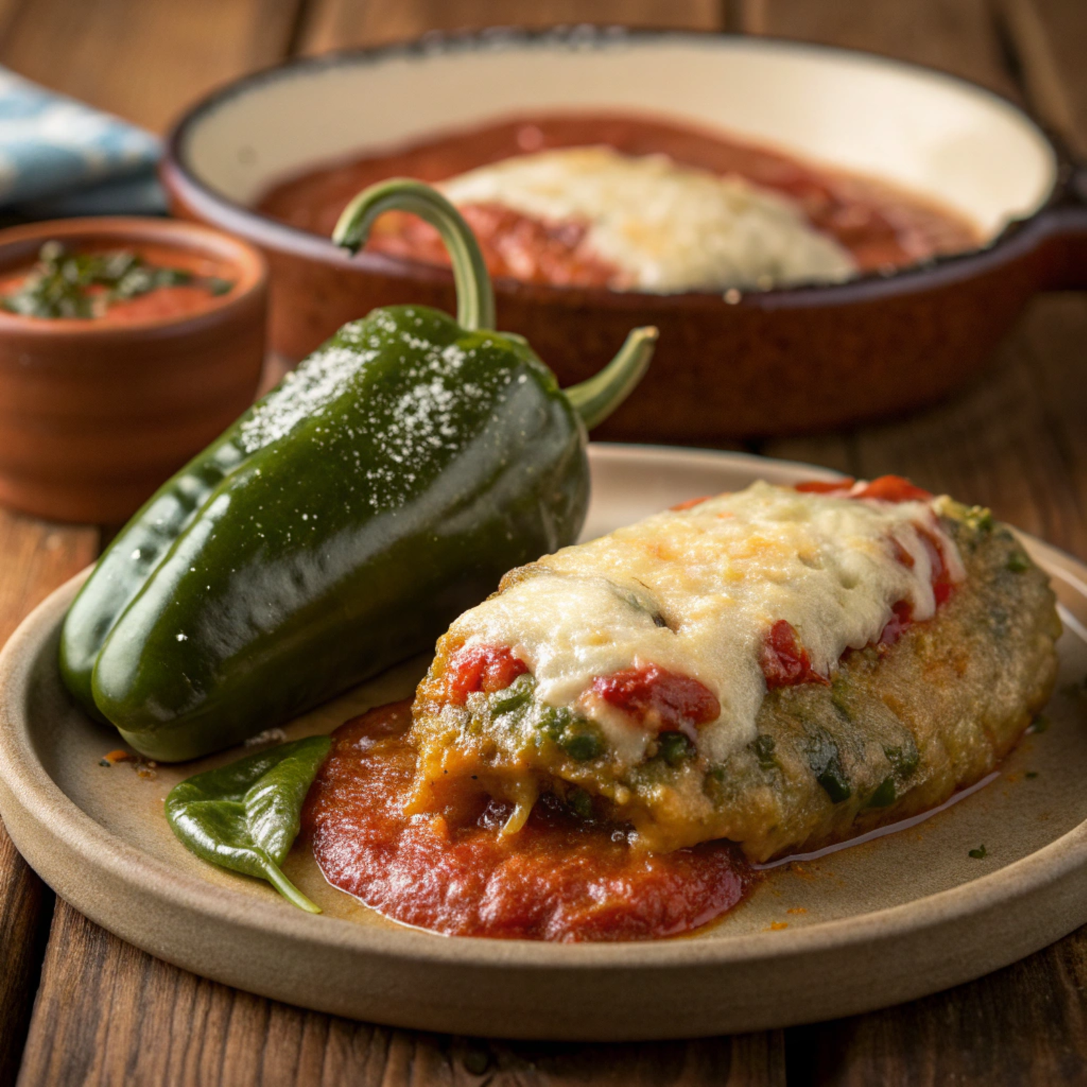 Difference Between Chile Relleno and Chile Poblano a close-up of a stuffed chile relleno next to fresh poblano peppers, showing the texture and ingredients of both.