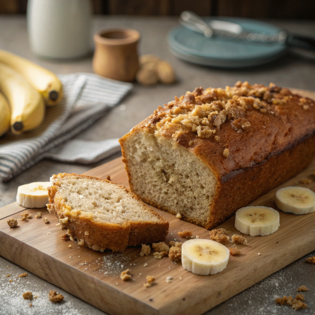 Why did my banana bread crumble? A close-up of crumbled banana bread on a wooden board with banana slices around it.