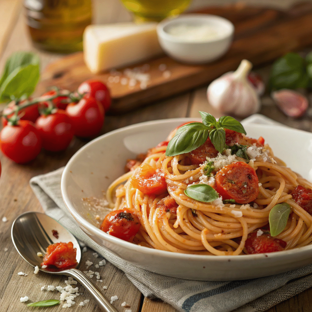 A vibrant plate of tomato and garlic pasta topped with fresh basil and Parmesan cheese, served with a side of garlic bread.