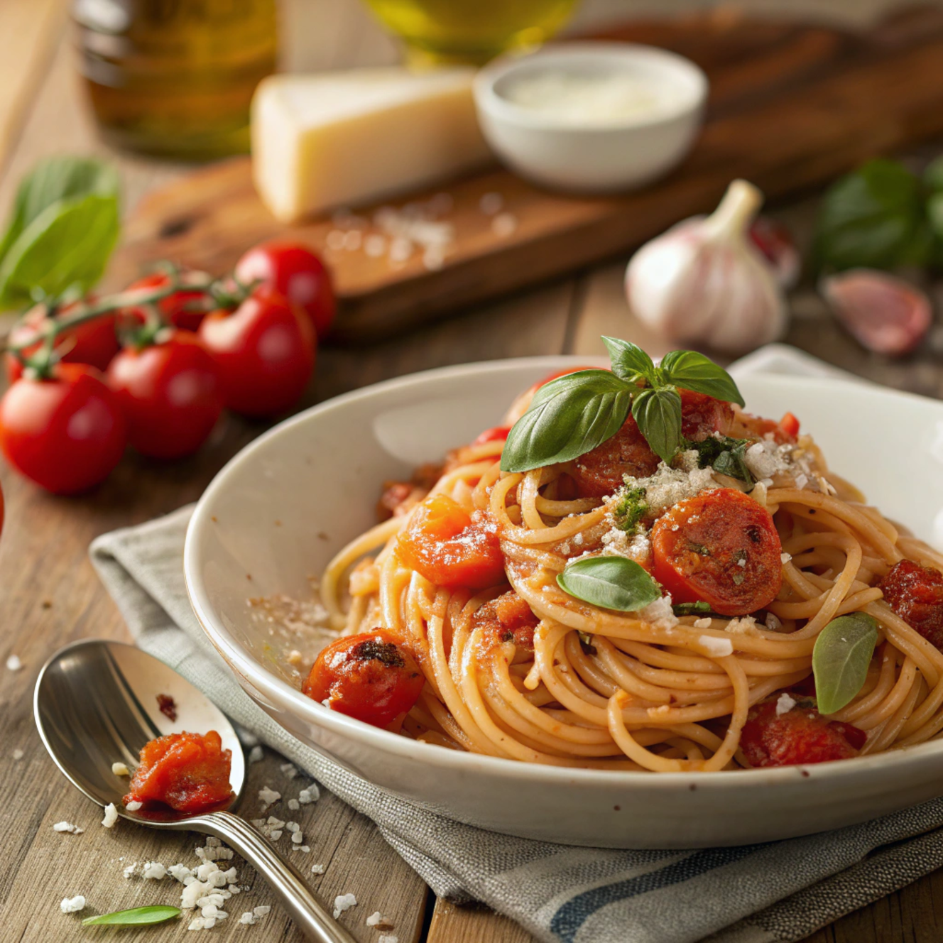A vibrant plate of tomato and garlic pasta topped with fresh basil and Parmesan cheese, served with a side of garlic bread.