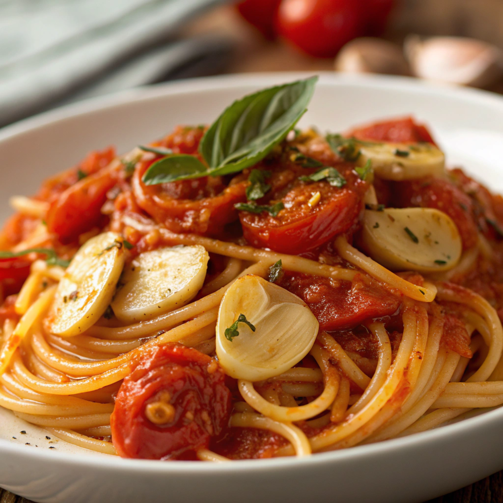 Is Tomato garlic pasta sauce heavy? Plate of spaghetti with light tomato garlic sauce, garnished with fresh basil and Parmesan cheese, served in an Italian kitchen setting.