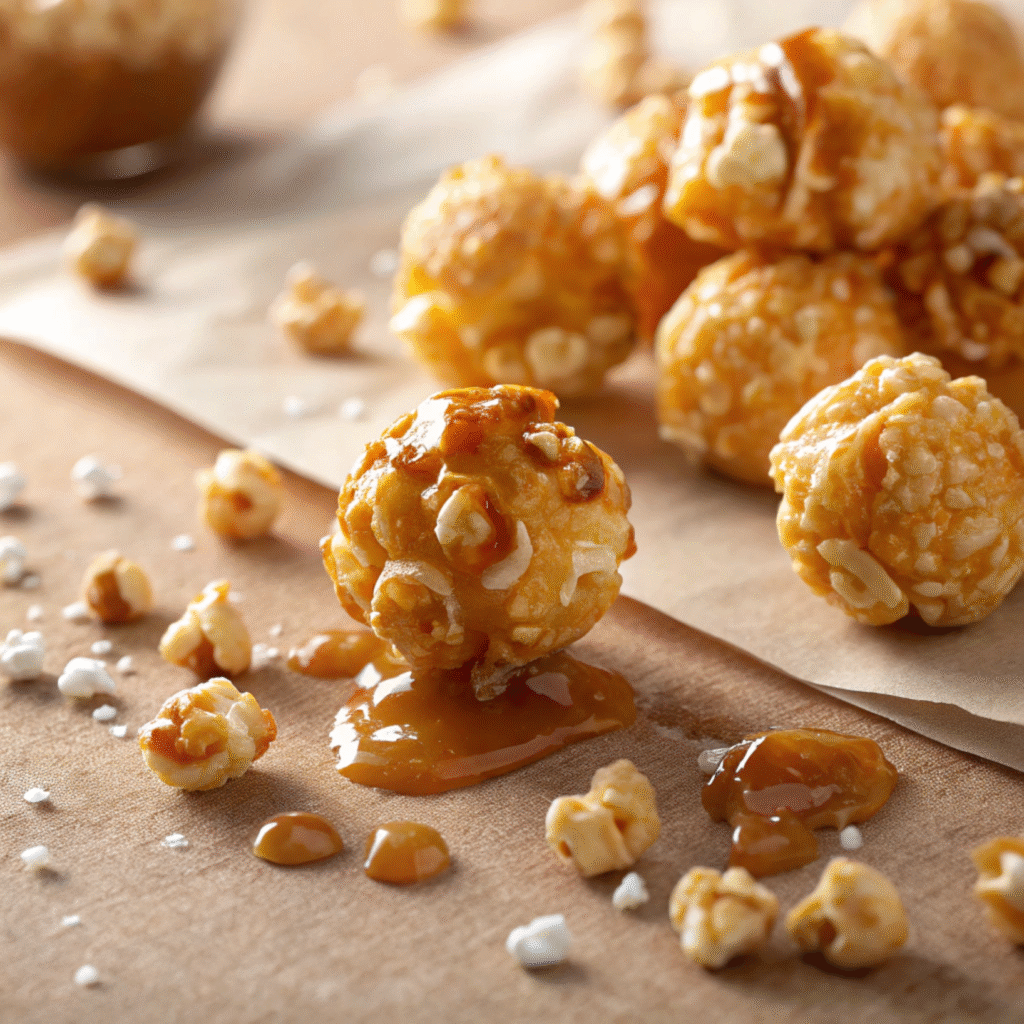 Why add baking soda to caramel popcorn? Close-up image of crunchy caramel-coated popcorn showing the airy, crisp texture created by baking soda.