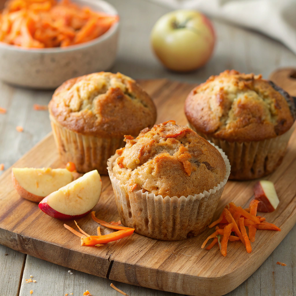 Freshly baked carrot and apple muffins on a wooden board, topped with shredded carrot and apple bits