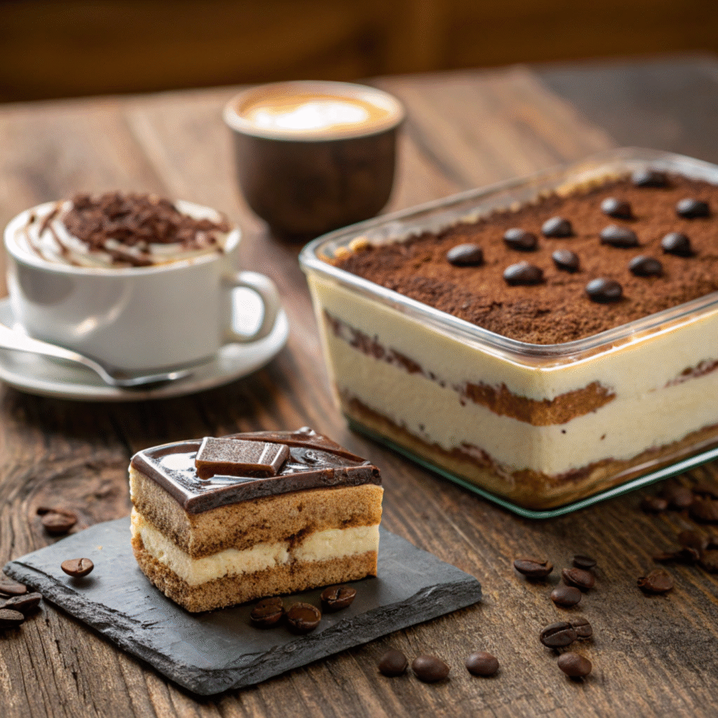 Traditional tiramisu with creamy mascarpone and espresso-soaked ladyfingers next to tiramisu cake with sponge layers and cocoa topping.