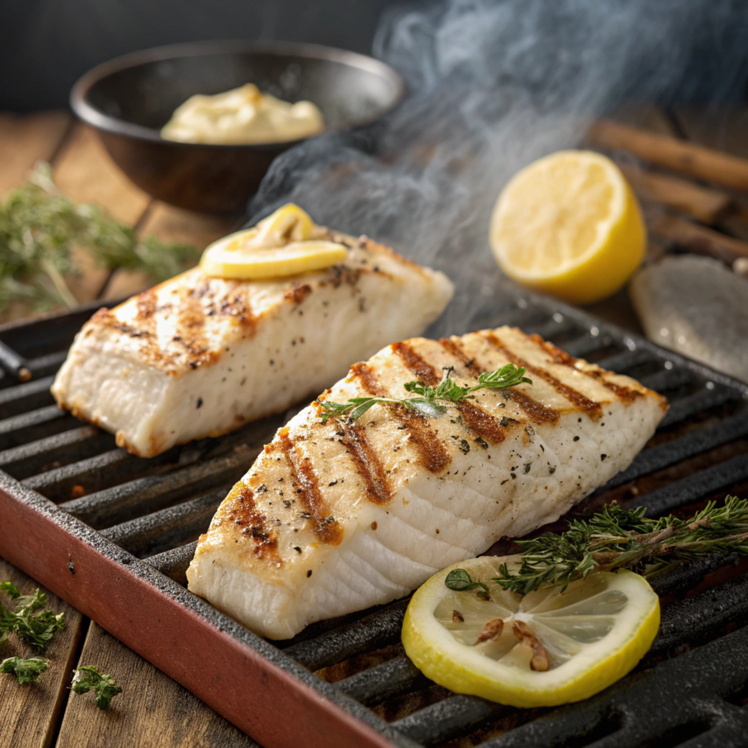 How to grill halibut without it sticking juicy grilled halibut fillets on the grill grates, brushed with garlic butter, showing golden sear marks and smoky texture.