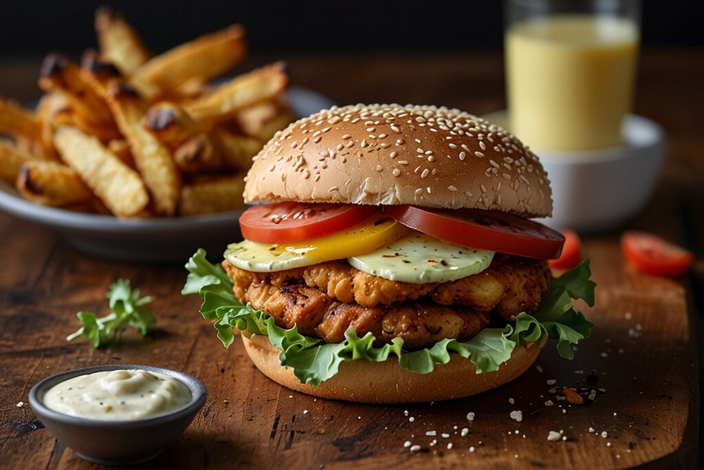 Cornflake Chicken Burger with crispy chicken, lettuce, tomato, and melted cheese in a toasted bun, served with sweet potato fries on a wooden table.