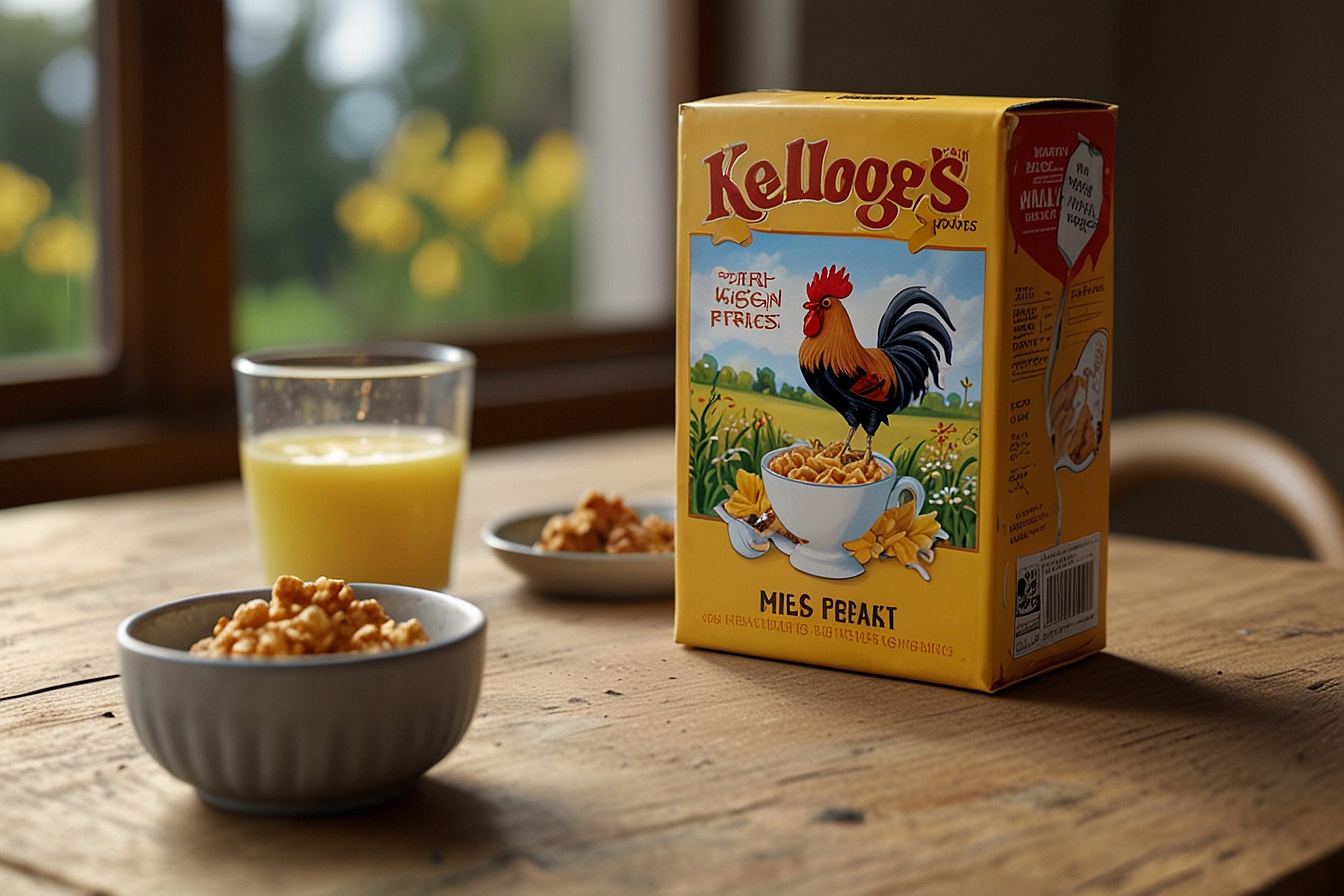 Kellogg's Corn Flakes box with iconic rooster, Cornelius, next to a bowl of cornflakes on a breakfast table.