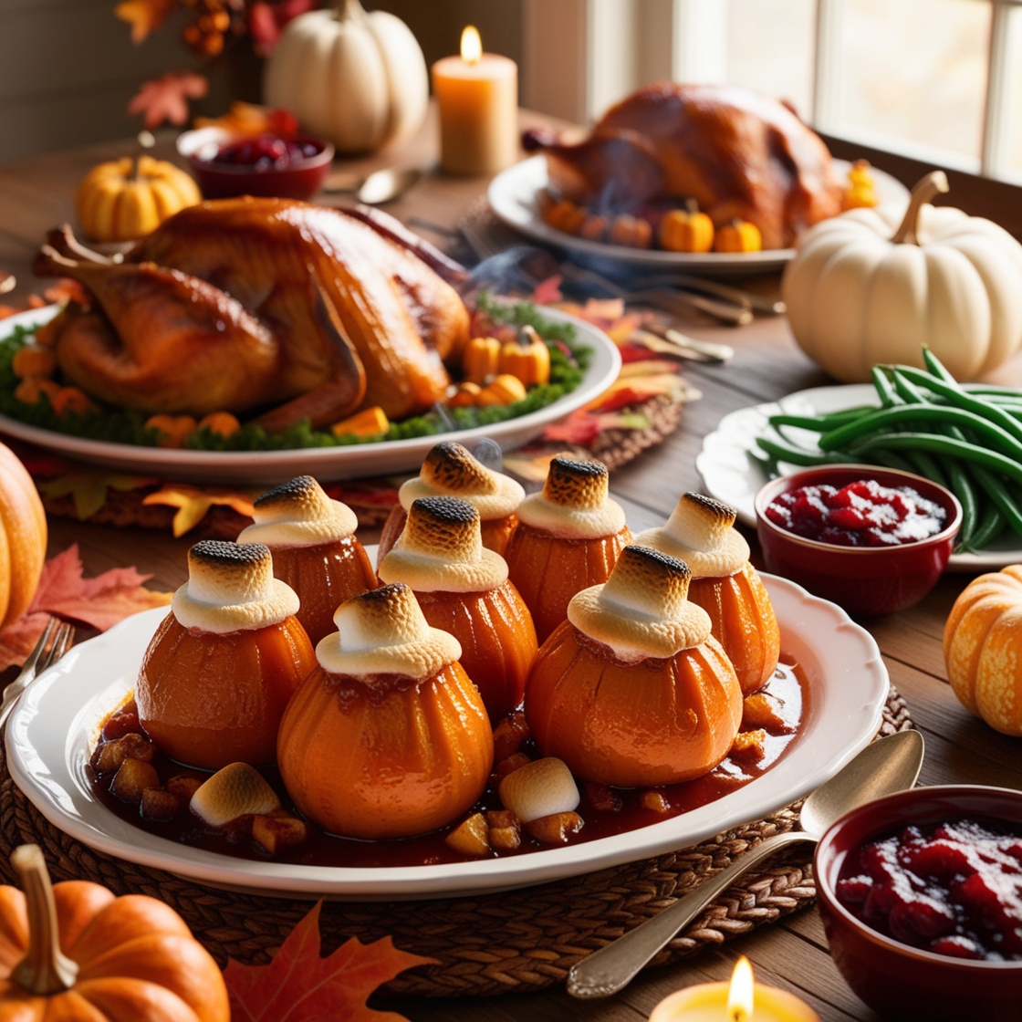 Close-up of a dish of candied yams topped with toasted marshmallows on a festive Thanksgiving table.