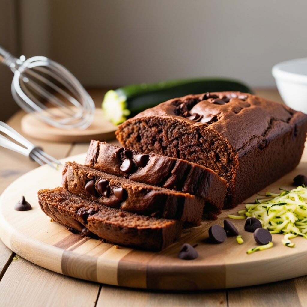 Freshly baked chocolate zucchini bread sliced to reveal a moist interior, surrounded by chocolate chips and grated zucchini.