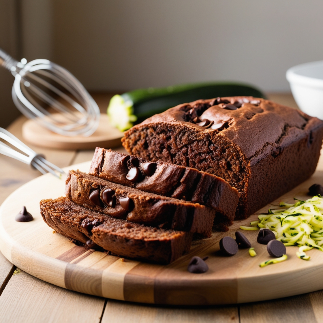 Freshly baked chocolate zucchini bread sliced to reveal a moist interior, surrounded by chocolate chips and grated zucchini.
