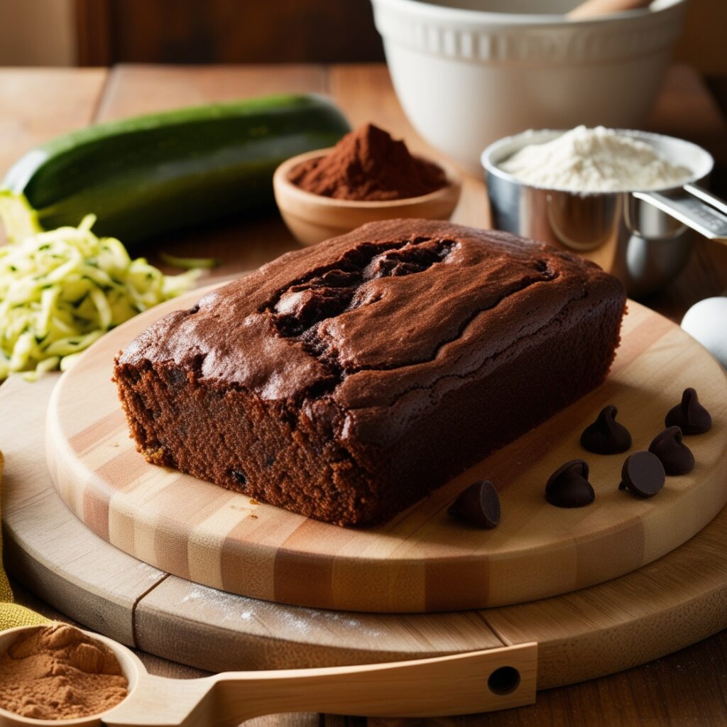 A freshly baked chocolate zucchini bread on a wooden cutting board with grated zucchini, chocolate chips, and baking ingredients around it.