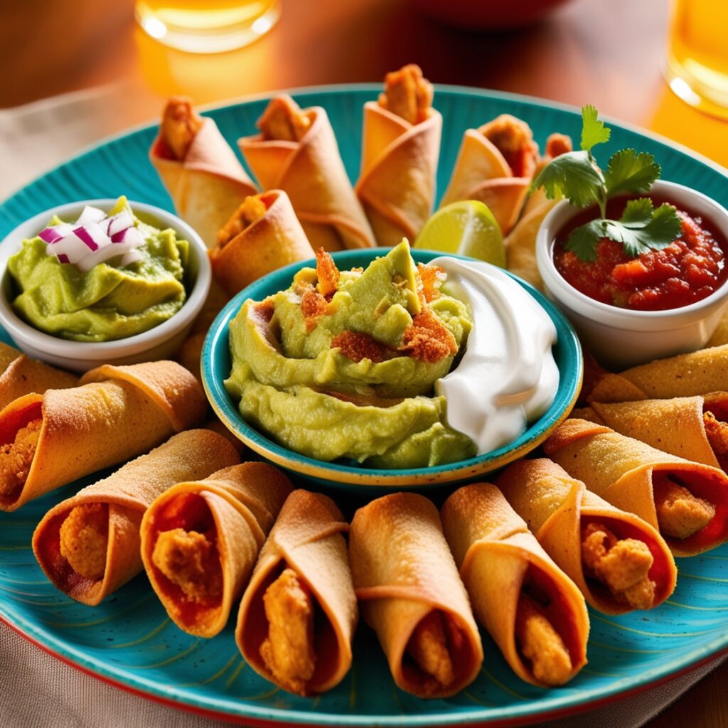 A plate of golden, crispy chicken taquitos served with guacamole, sour cream, and salsa, garnished with lime wedges and cilantro.