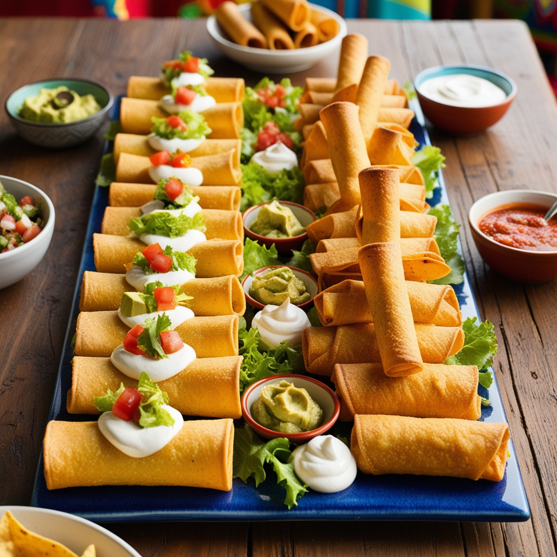 A plate of crispy taquitos served with guacamole, salsa, and fresh garnishes on a festive Mexican table.