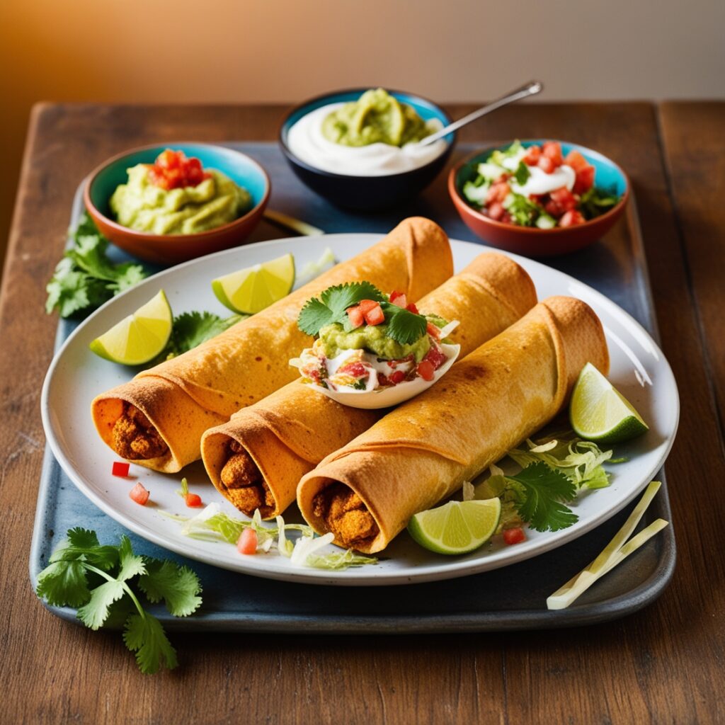 Crispy chicken taquitos on a plate with guacamole, sour cream, and pico de gallo.