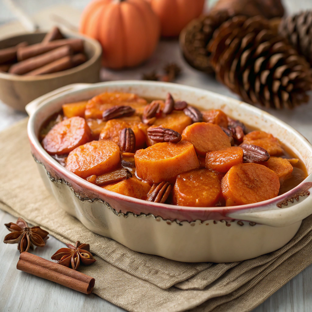 Thanksgiving yams glazed with brown sugar and butter, served in a rustic dish.