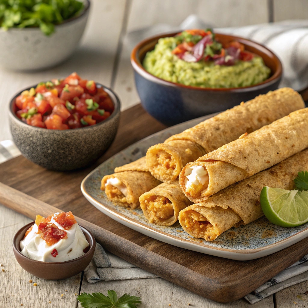 A plate of crispy, golden chicken taquitos served with creamy guacamole, fresh salsa, queso dip, and a side of Mexican rice. The dish is beautifully plated on a rustic wooden table with warm, inviting lighting.