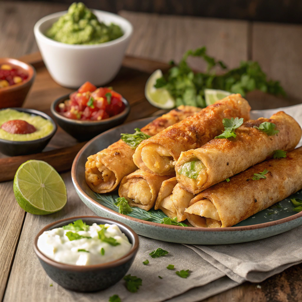 Crispy chicken cheese taquitos with melted cheese oozing from the edges, garnished with fresh cilantro and served with guacamole, salsa, and lime wedges on a rustic wooden table.